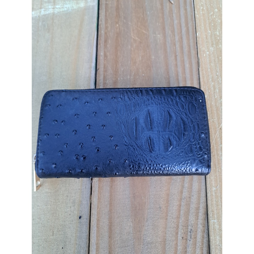 Womens Black Ostrich Crocodile Embossed Zip Around Wallet Gold Tone Hardware